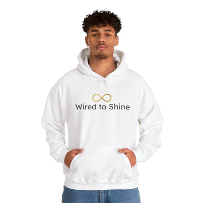 white sweatshirt with wired to shine and infinty symbol