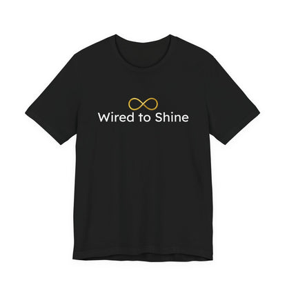 Black t-shirt with 'Wired to Shine' text and logo on a white background