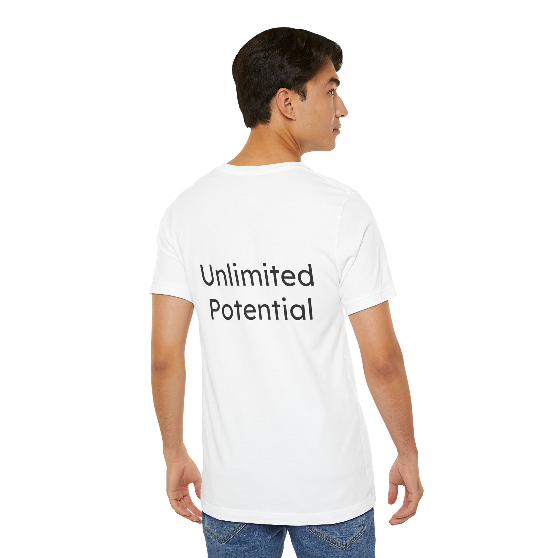 Person wearing a white t-shirt with 'Unlimited Potential' text on the back, standing against a white background.