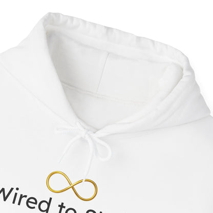 White hoodie with a gold infinity symbol and text on a white background