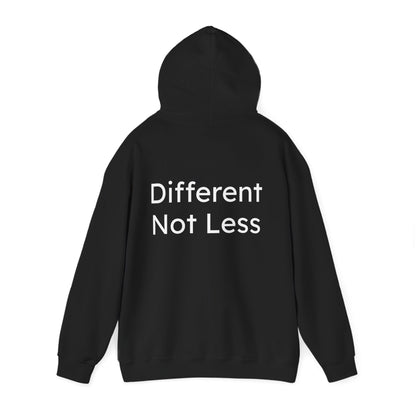 Black hoodie with 'Different Not Less' text on the back against a white background
