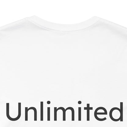 White t-shirt with 'Unlimited' text in black on a white background